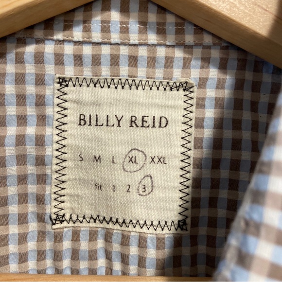 Billy Reid Brown Blue Plaid Roll Tab Sleeve Button Up Cotton Shirt Mens Slim XL - Picture 6 of 7